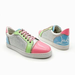 CHRISTIAN LOUBOUTIN Fun Viera Pink Glitter Low Top Sneakers Size 40 Lace Up
